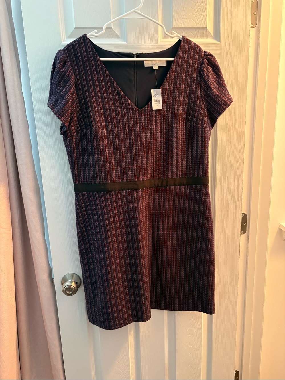 LOFT Purple Textured V-Neck Mini Dress with Black Waistband